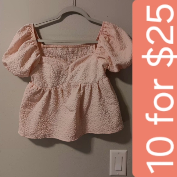 Shein Smocked Puff Sleeve Peplum Top - Light Pink - Picture 3 of 12